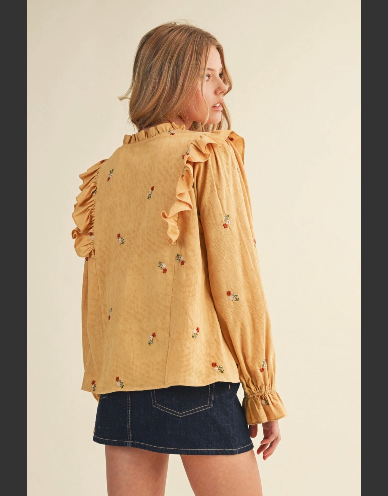Smocked neck embroidered top