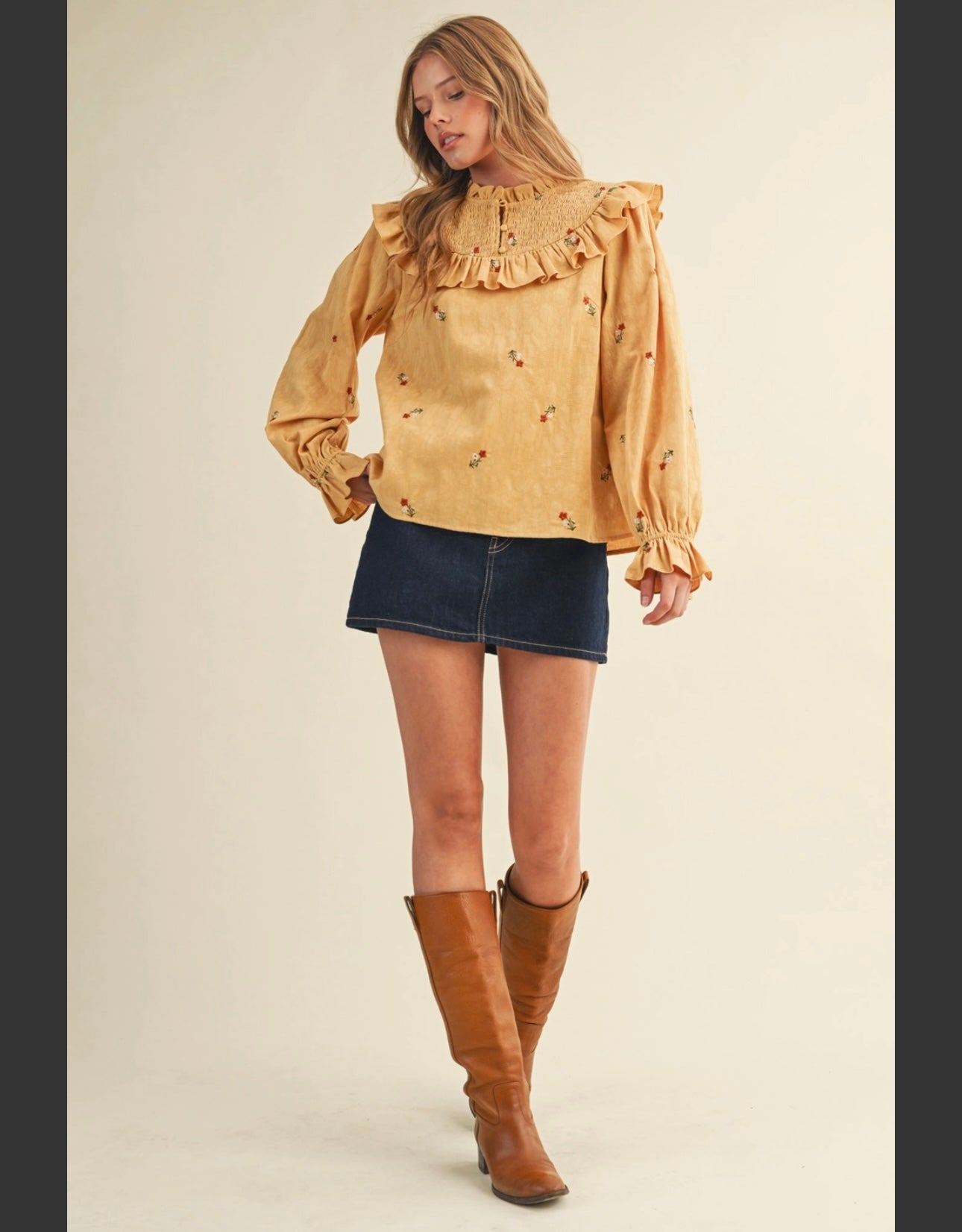 Smocked neck embroidered top