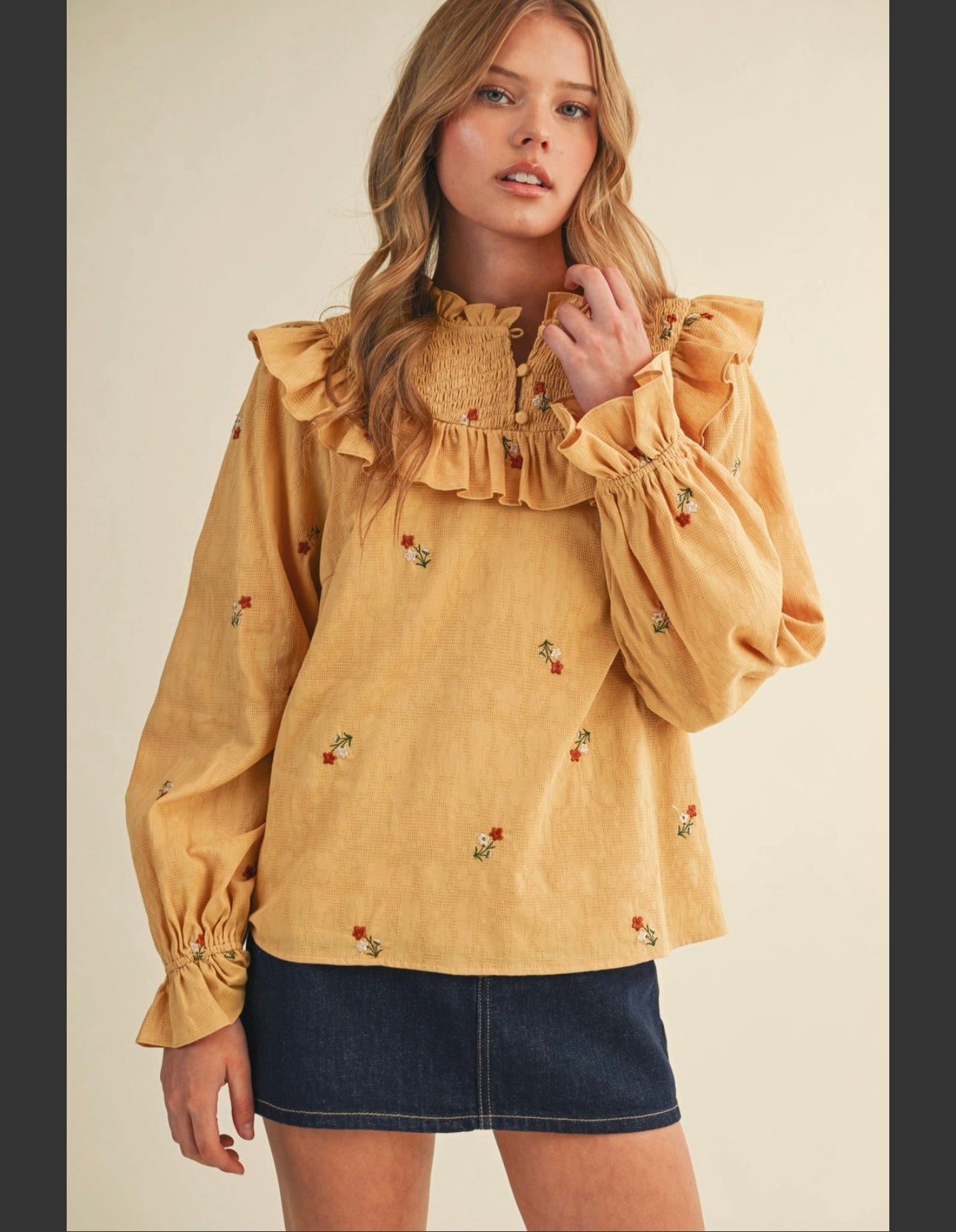 Smocked neck embroidered top