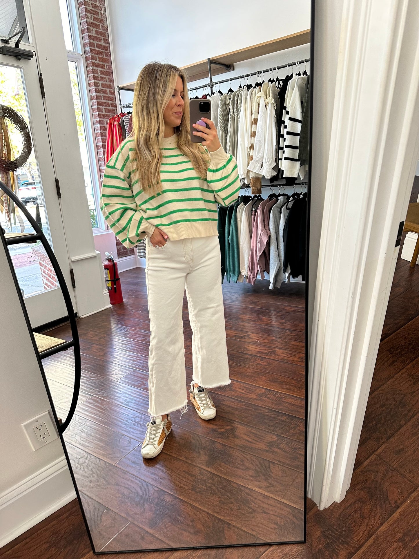 Cream/Green Striped Sweater